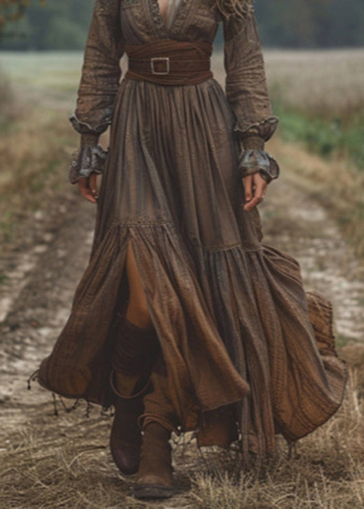 Dark Coffee Wrinkled Patchwork Cotton Long Dress Fall