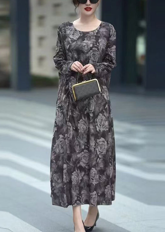 Grey O Neck Print Cotton Long Dress Fall