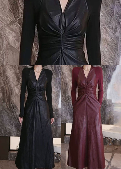 Black Slim Fit Patchwork Faux Leather Dress V Neck Wrinkled Fall