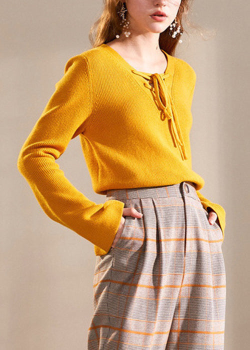 Yellow V Neck Lace Up Knit Sweater Flare Sleeve