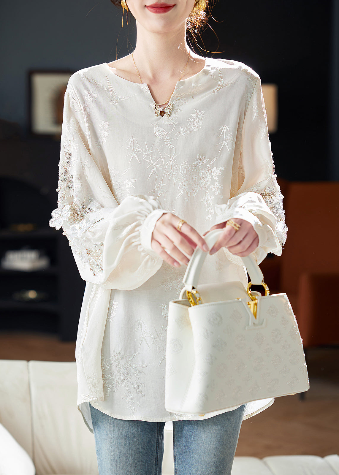 Jacquard White Sequins Nail Bead Chiffon Tops Long Sleeve