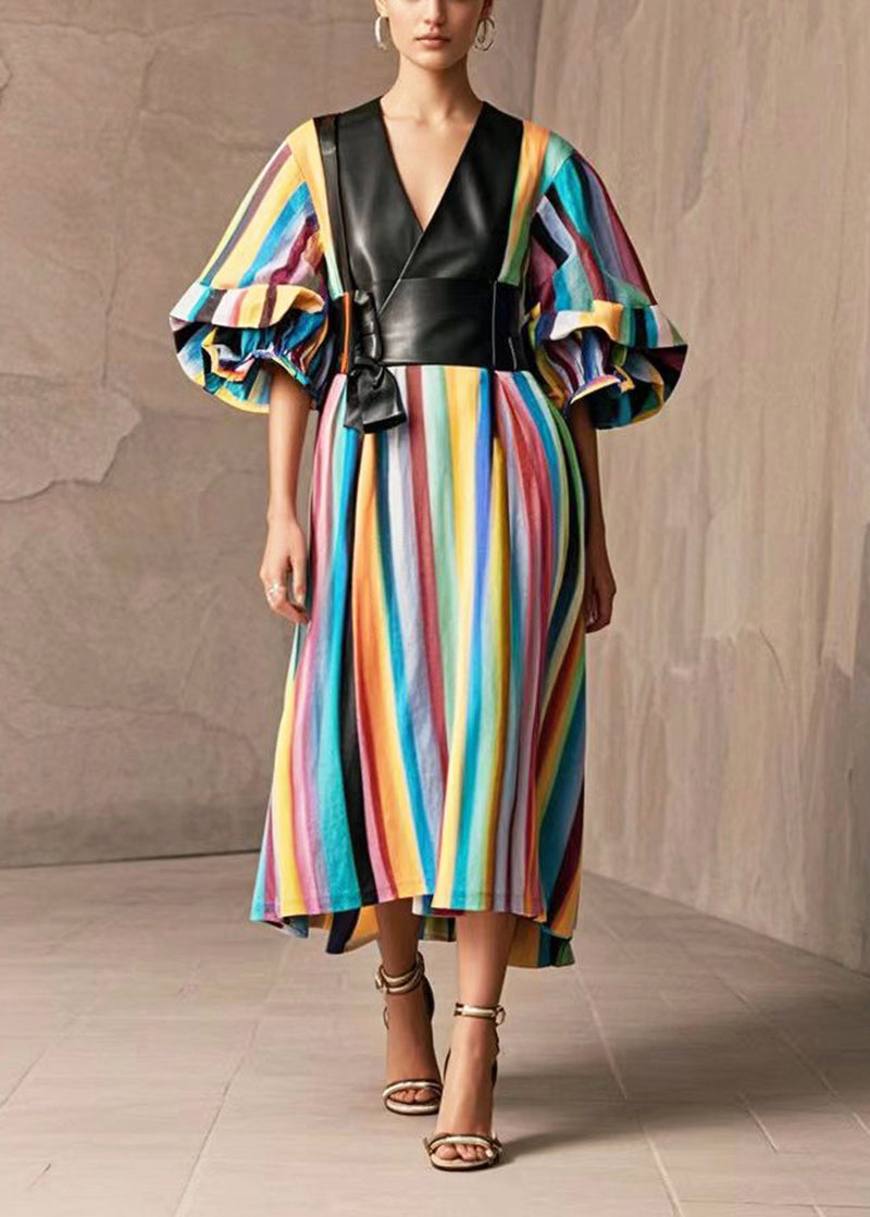 Modern Rainbow Striped Patchwork Pu Cotton Dress Puff Sleeve