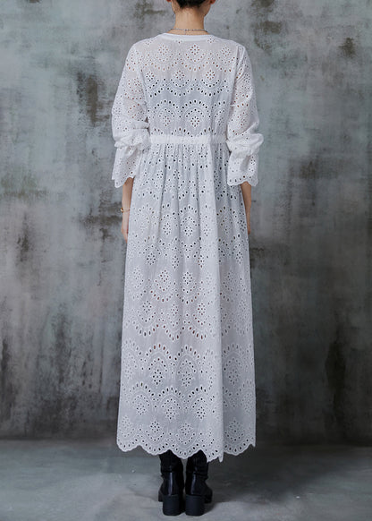 White Cinched Hollow Out Cotton Long Cardigans Fall
