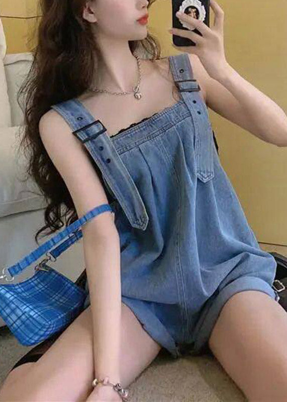 Blue Pockets Patchwork Denim Jumpsuits Summer