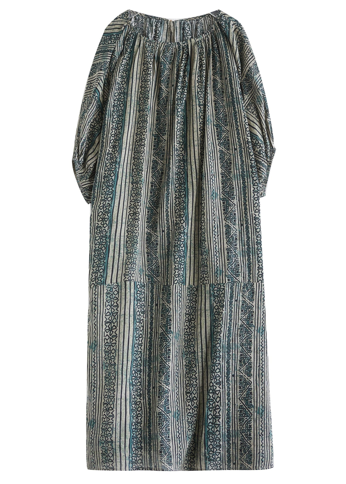 Loose Green O Neck Striped Cotton Long Dress Summer