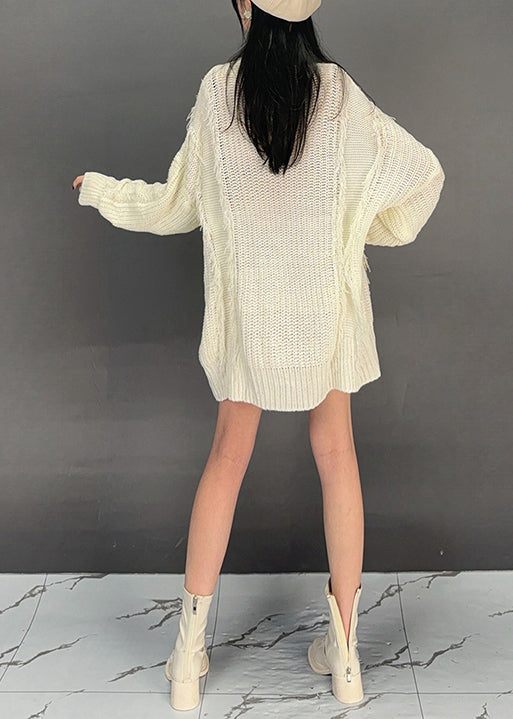 Beige V Neck Butterfly Knit Sweater Dress Fall