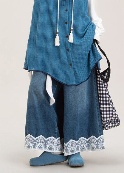 Blue Oversized Patchwork Lace Denim Wide Leg Pants Spring
