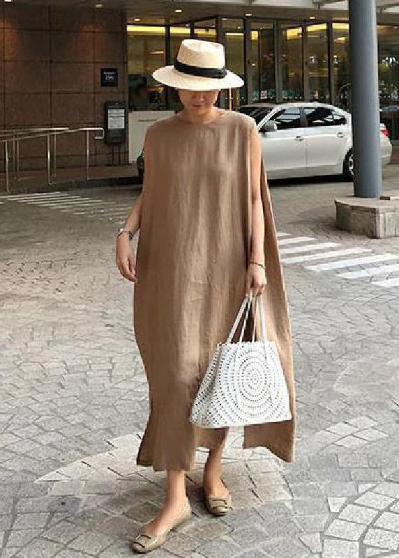 O Neck Side Open Linen Cotton Clothes Fabrics Khaki Dress