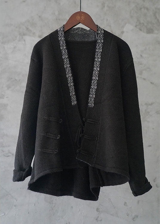 Simple Black Button Embroidered Asymmetrical Design Fall Knit Sweater