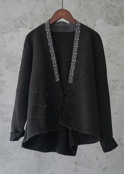 Simple Black Button Embroidered Asymmetrical Design Fall Knit Sweater