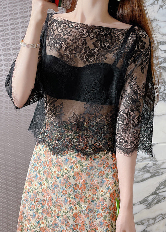 Style Black Slash Neck Hollow Out Lace Top Summer