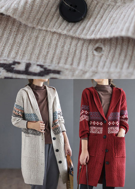 Beige Button Knitted Hooded Coats Cardigans Spring