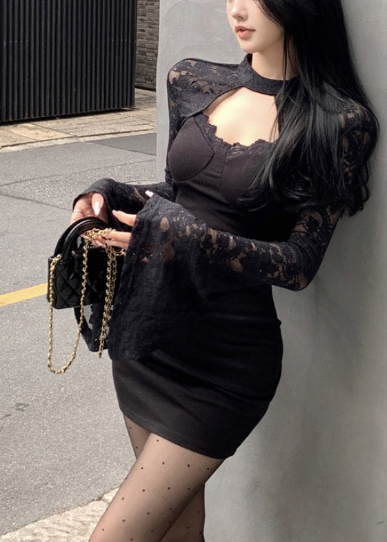 Black Wraped Patchwork Lace Mini Dress Spring