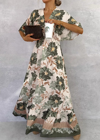 Green V Neck Print Cotton Maxi Dresses Butterfly Sleeve