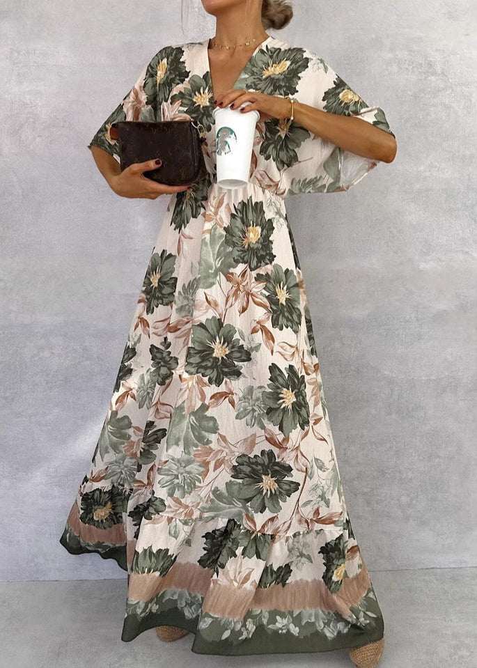 Green V Neck Print Cotton Maxi Dresses Butterfly Sleeve
