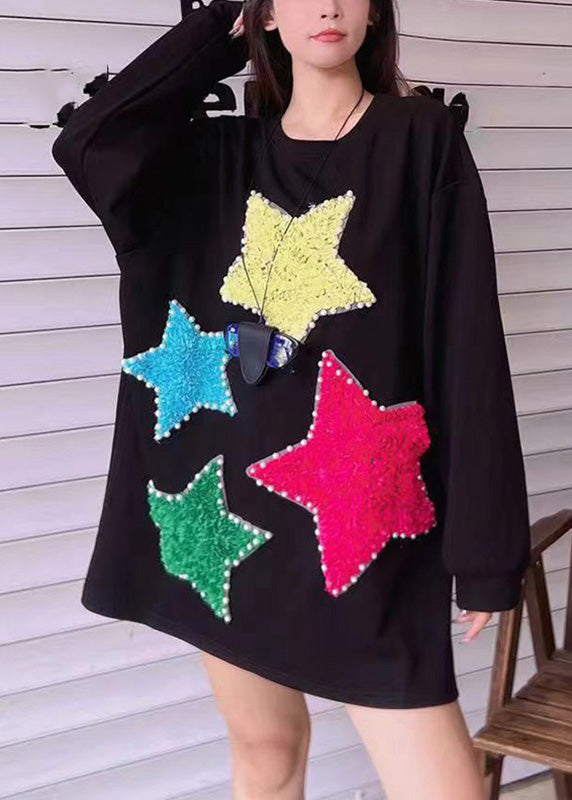 Italian Black O-neck Nail Bead Patchwork Sweatshirts Fall