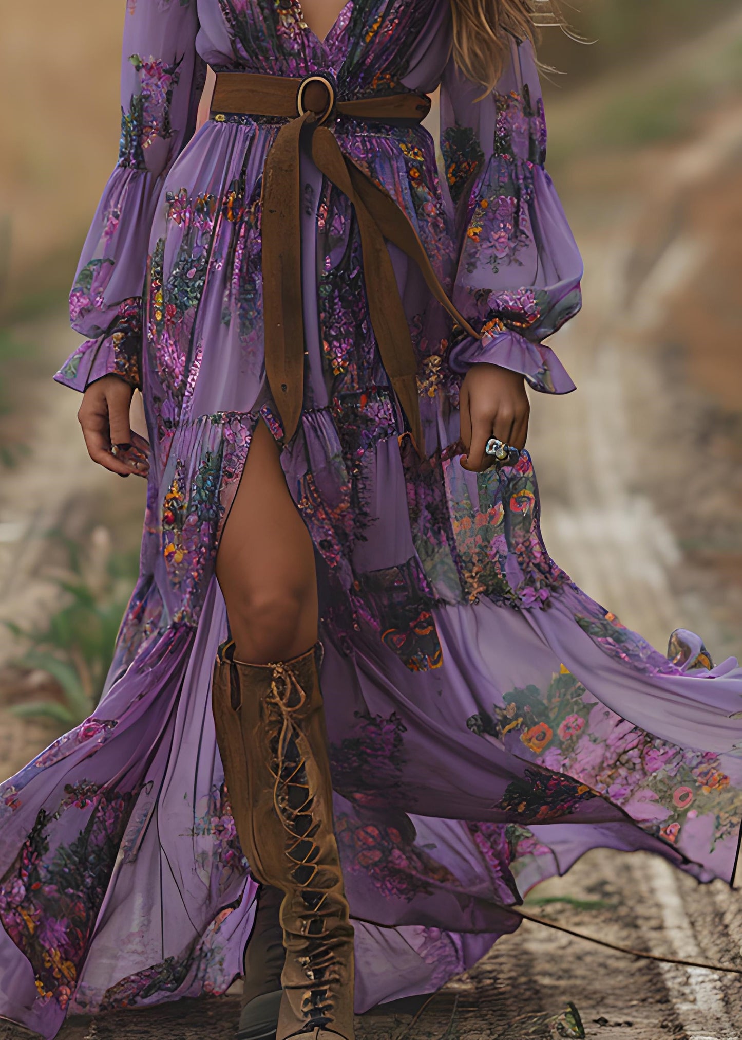 Purple V Neck Print Patchwork Chiffon Holiday Dress Spring