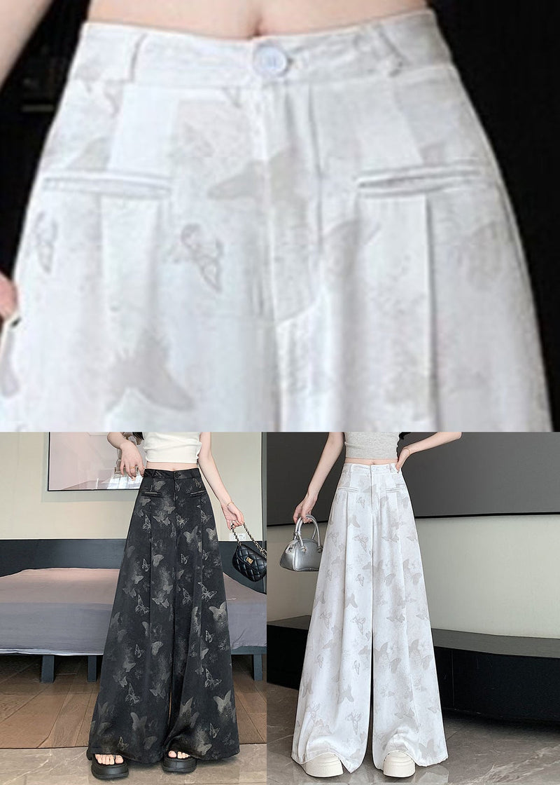 Chinese Style White Pockets Butterfly Print Draping Pants