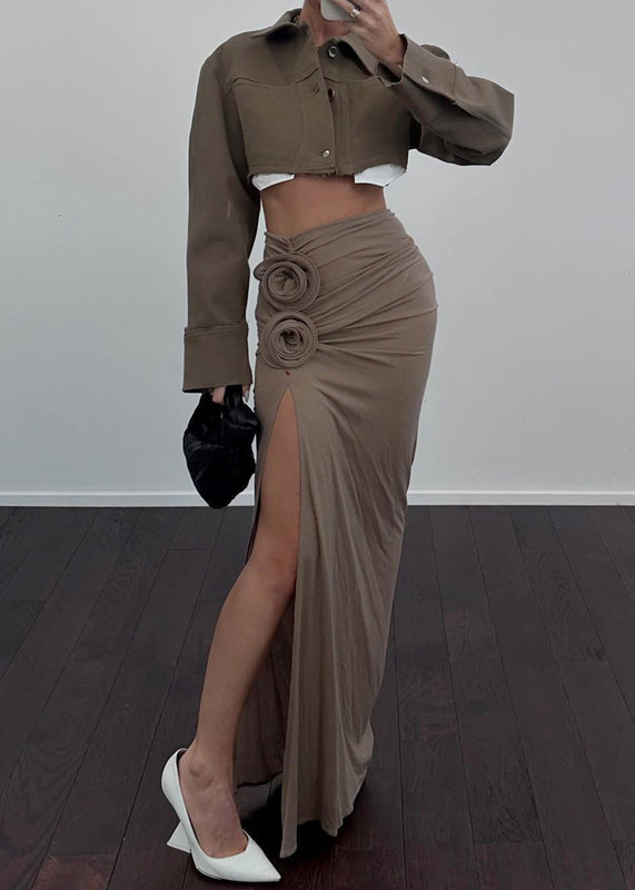 Khaki Side Open Wraped Skirts Spring