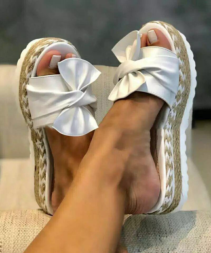 Bow Splicing Wedge Black Suede Slide Sandals