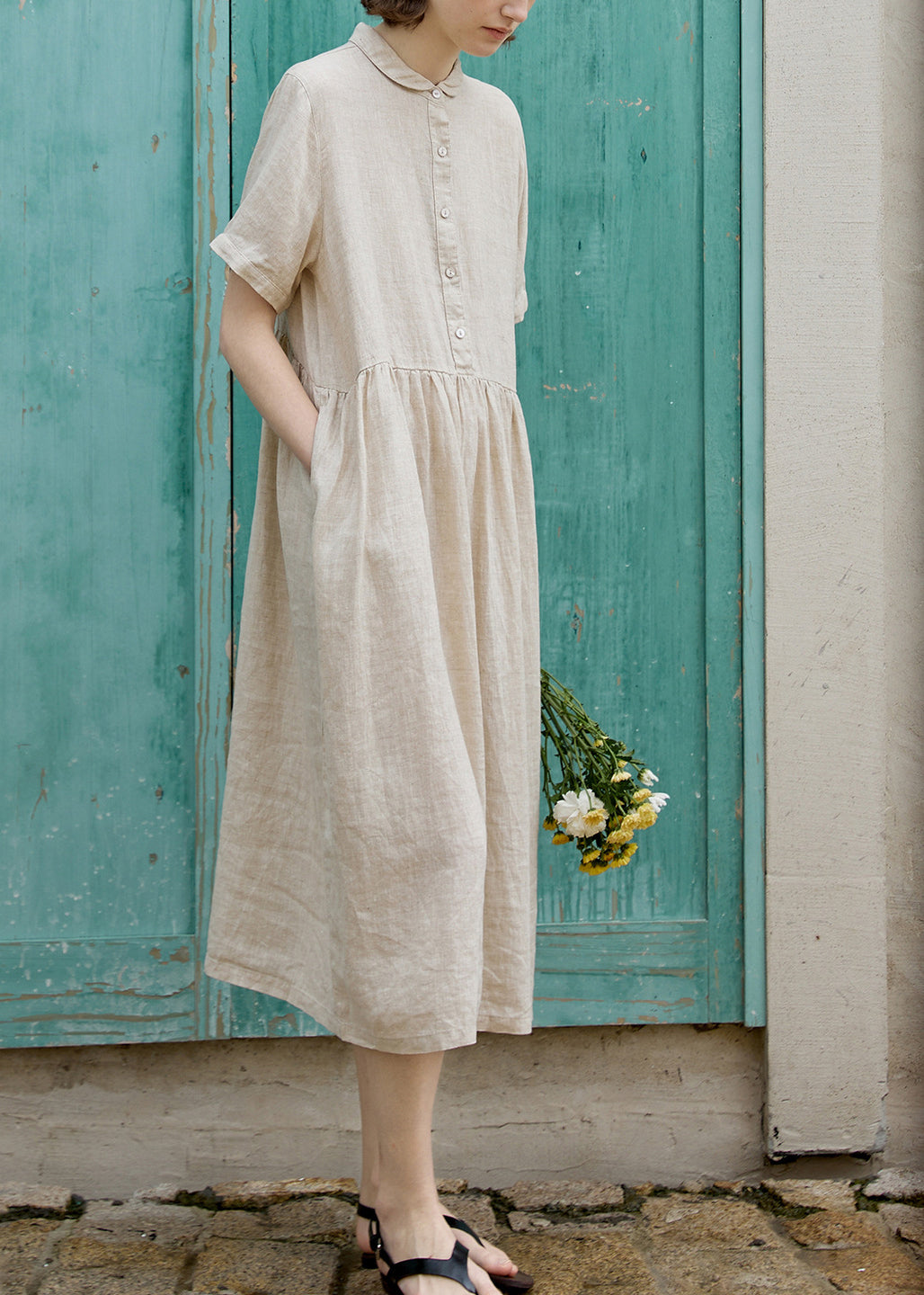 New Beige Peter Pan Collar Wrinkled Linen Long Dress Summer