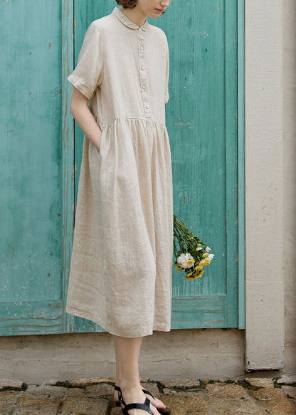 New Beige Peter Pan Collar Wrinkled Linen Long Dress Summer