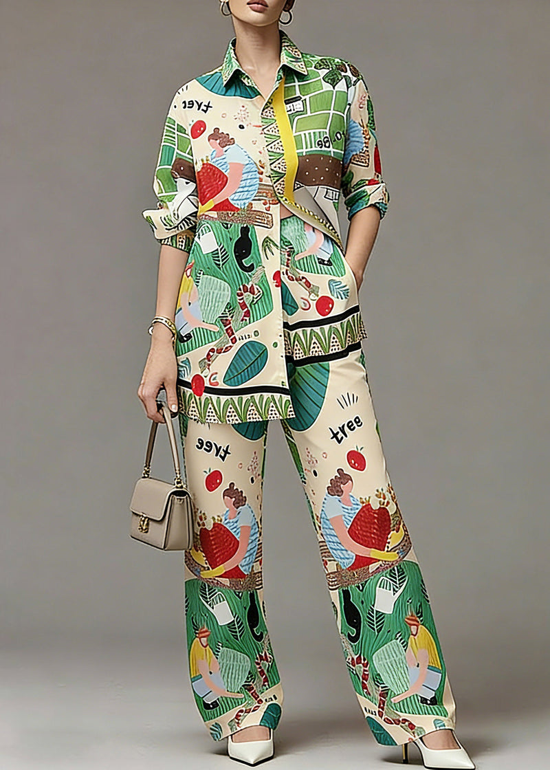 Fine Green Print Shirts and Wide Leg Pants Two Pieces Set Spring