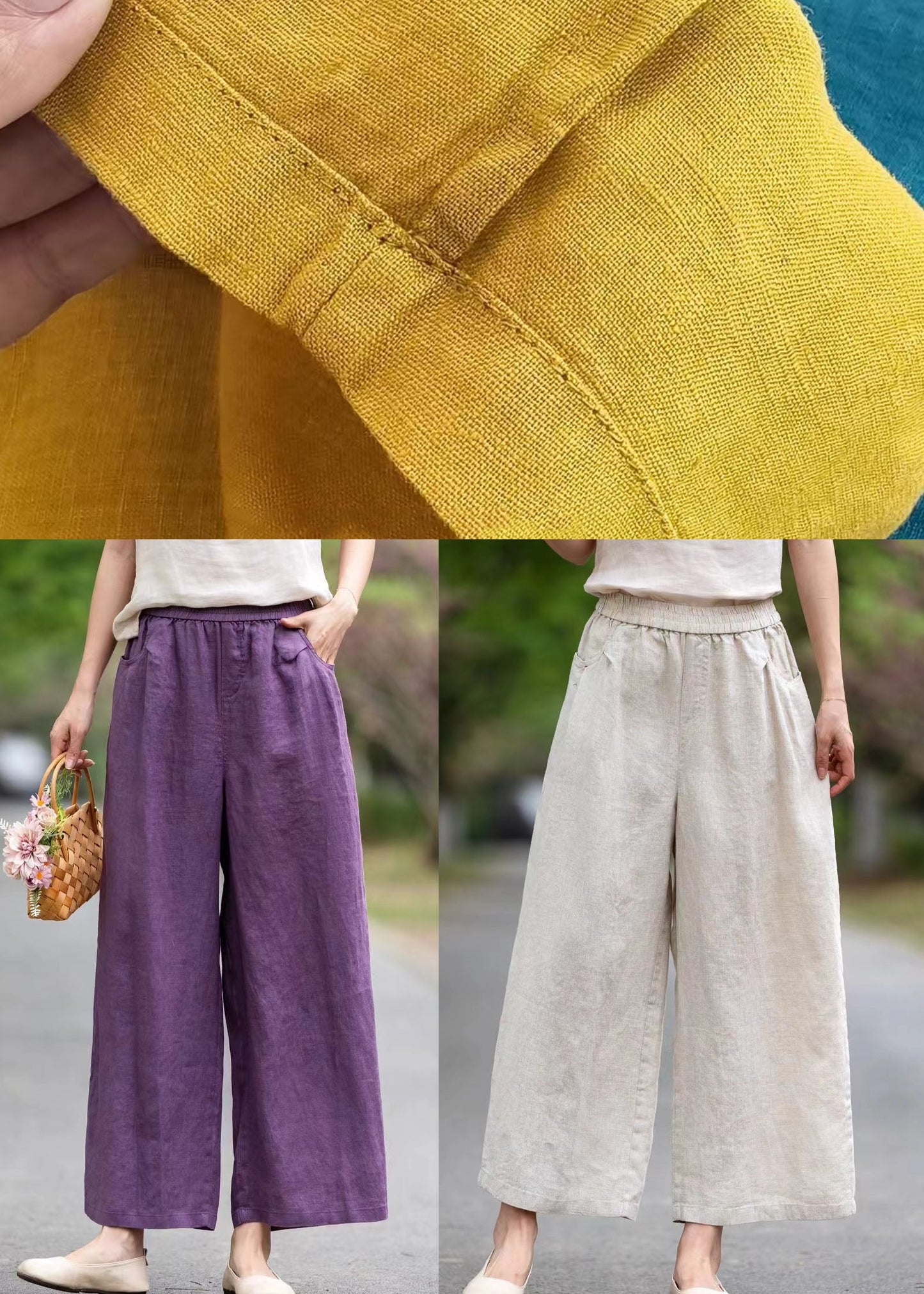 Yellow Elastic Waist Pockets Linen Pants Summer