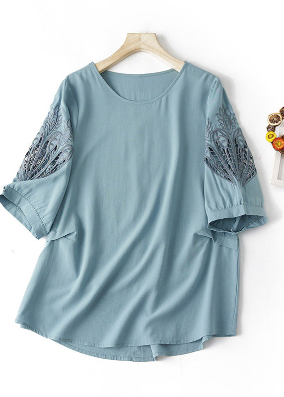 Blue O Neck Hollow Out Embroidered Cotton T Shirt Summer