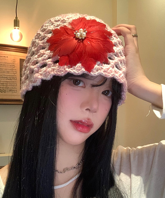 Handmade Pink Feather Hollow Out Knit Boonie Hat