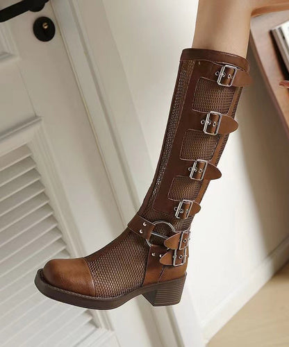 Splicing Chunky Hollow Out Breathable Boots Beige Genuine Leather