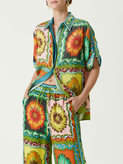 Sunflower Print Button-down Oversized Shirt