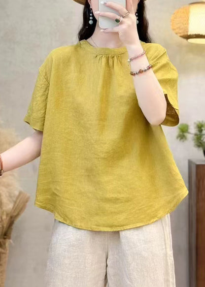 Simple Yellow O Neck Cotton Shirt Summer