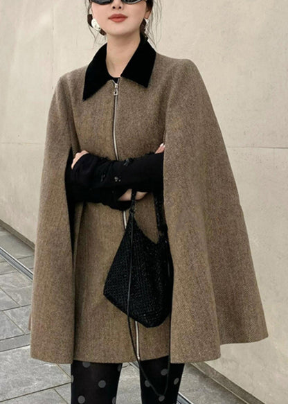 Brown Peter Pan Collar Zippered Woolen Coats Winter