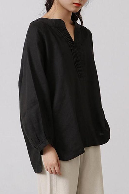 Cotton Linen V Neck Shirt Tops