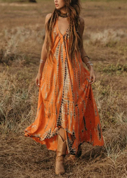 Orange V Neck Print Cotton Long Dress Sleeveless
