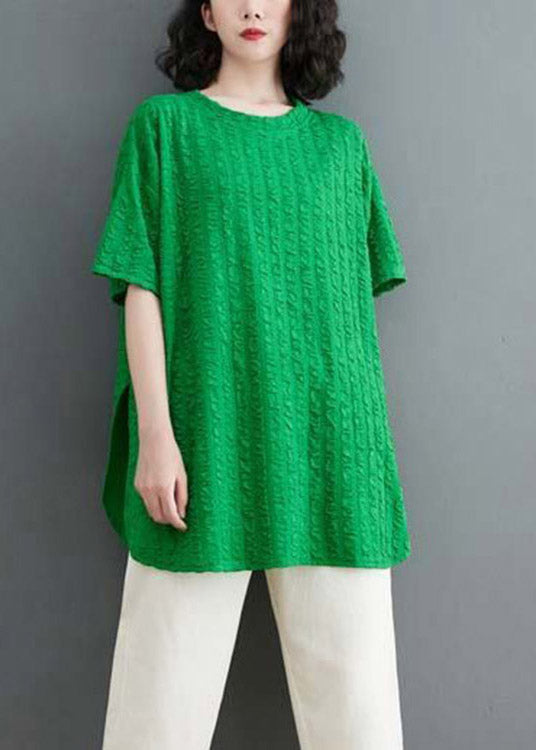 Green O-neck Wrinkled Cotton Top Short Sleeve