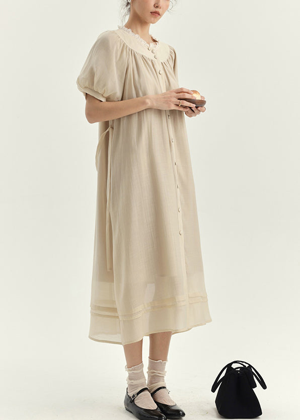 New Apricot Lace Patchwork Cotton Shirts Dresses Lantern Sleeve