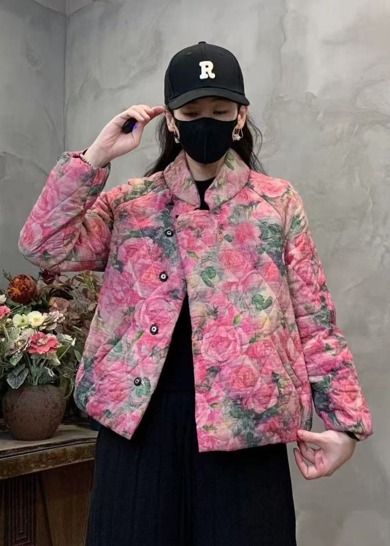 Pink Print Fine Cotton Filled Coat Mandarin Collar Winter