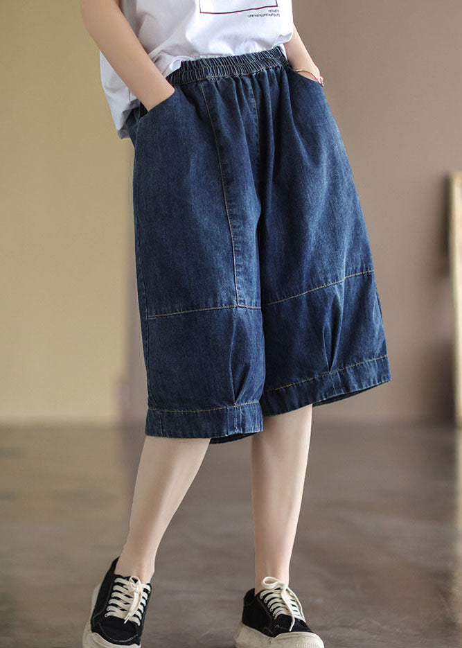 Blue Elastic Waist Pockets Patchwork Cotton Denim Half Pants Summer