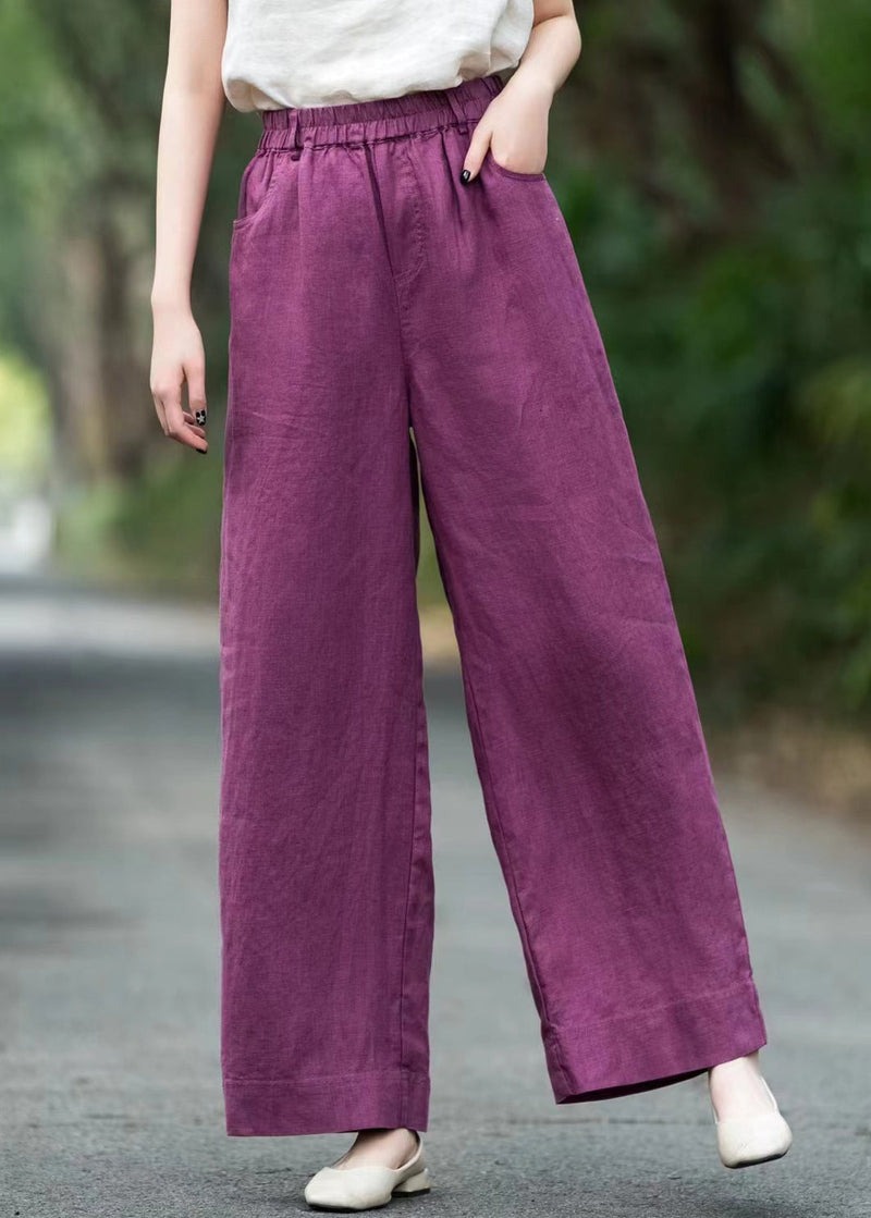 Linen Pockets Linen Summer Wide Leg Pants Elastic Waist