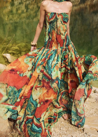 New Print Wrinkled Strapless Long Dresses