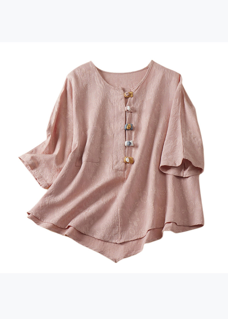 Blue O Neck Chinese Button Jacquard Linen Shirt Summer