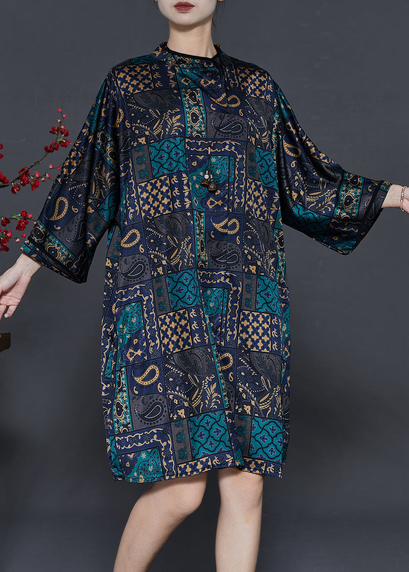 Black Stand Collar Print Silk Work Dress Fall