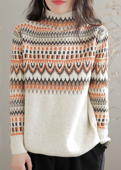 Beige Turtle Neck Thick Print Knit Sweater Tops Winter