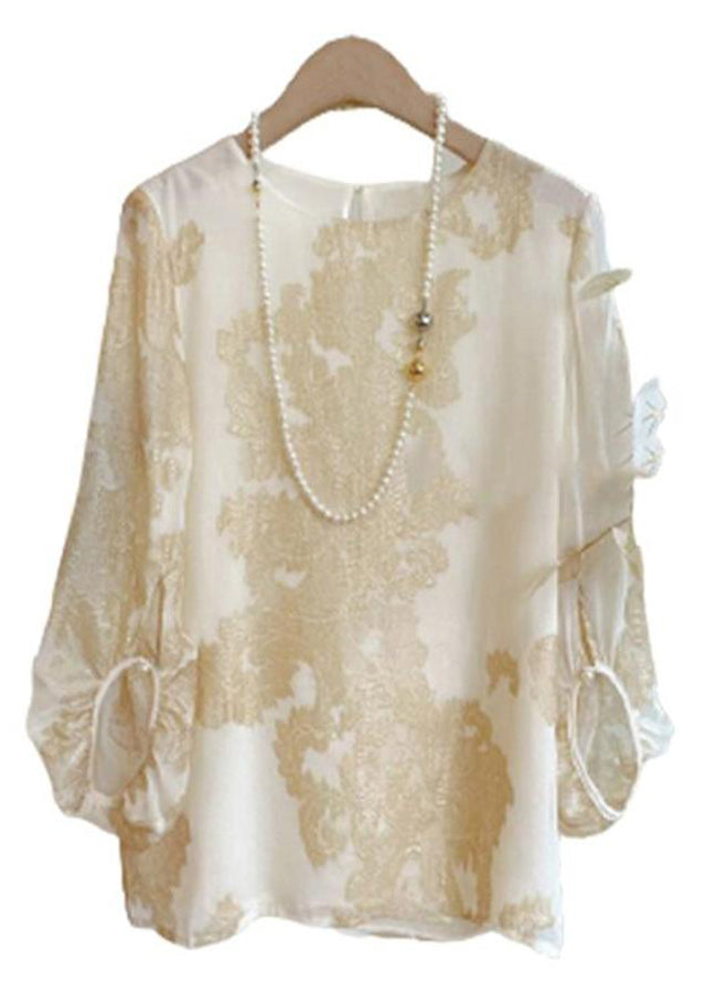Art Apricot O-neck Jacquard Patchwork Silk Blouses Lantern Sleeve