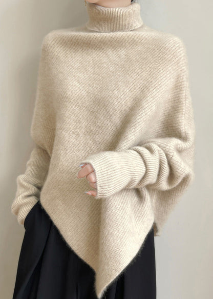 Beige Woolen Knit Batwing Sleeve Sweaters Turtleneck