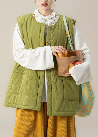 Green Oversized Pockets Fine Cotton Filled Winter Vests