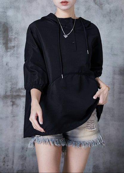 Black Hooded Wrinkled Cotton Pullover Tops Summer