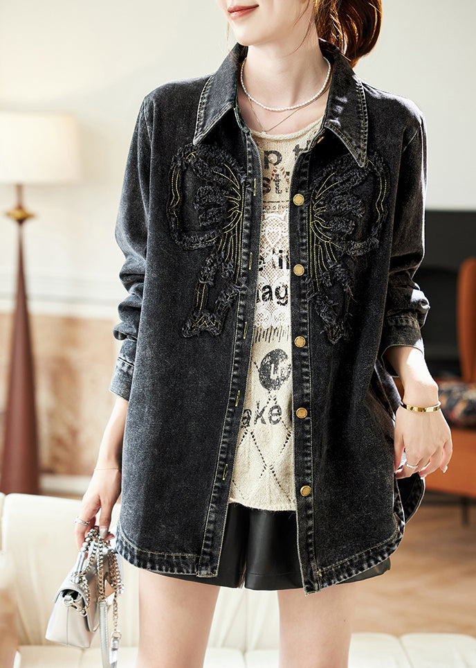 Black Peter Pan Collar Patchwork Button Denim Coats Spring